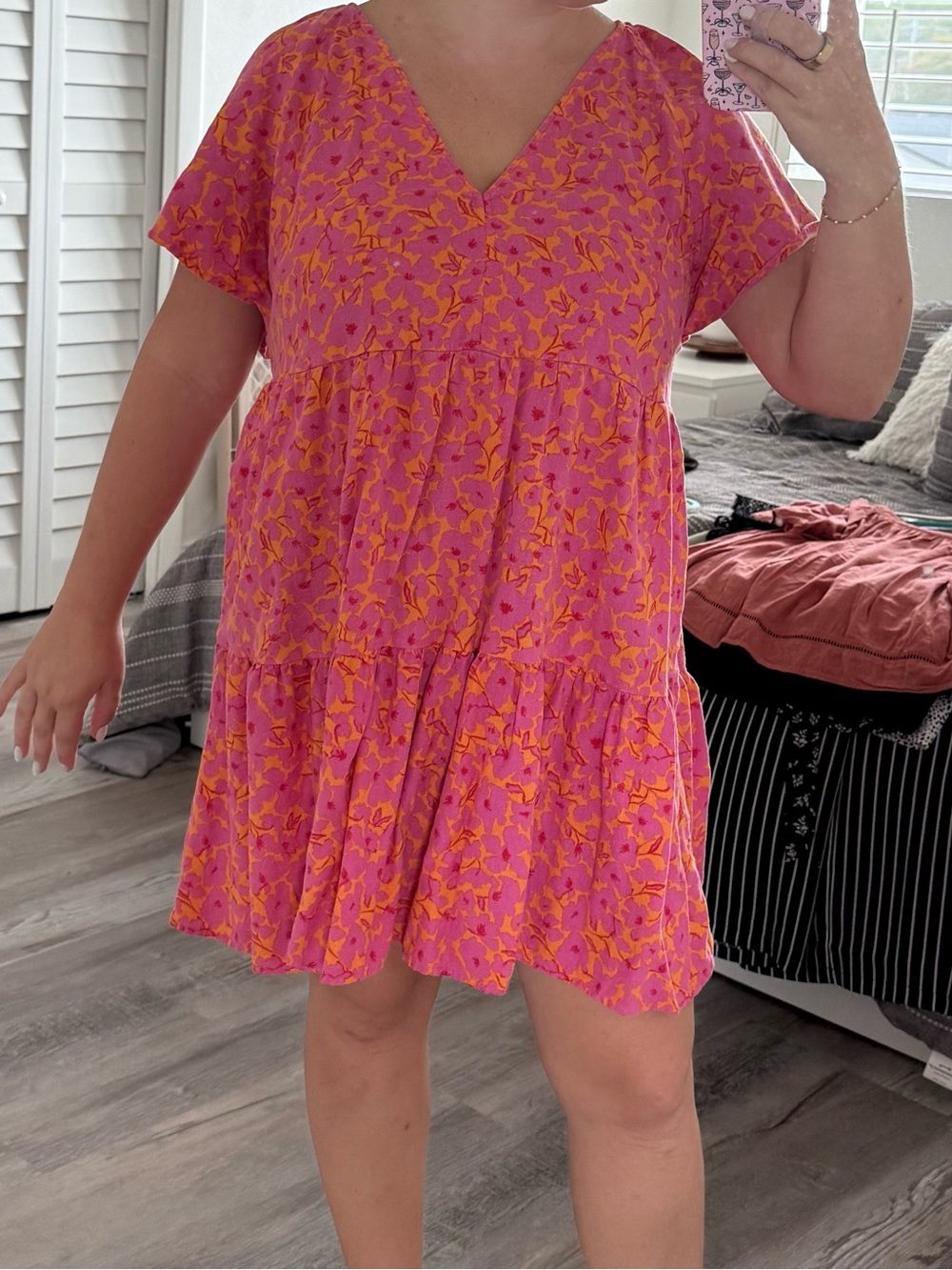Universal Thread Pink Orange Floral Linen Tiered Mini Dress L